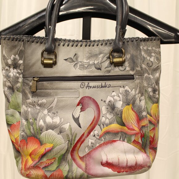 Anuschka Gray and Pink Flamingo Shoulder Bag - Picture 4 of 13